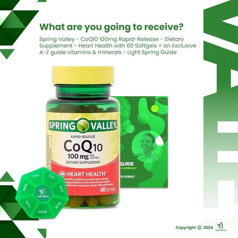 Rapid-Release CoQ10 100 mg, 60 Softgels with Bundle Exclusive Vitamins & Minerals - A to Z - Better Ligth&Spring Guide + Weekly Pill Organizer (3 Items)