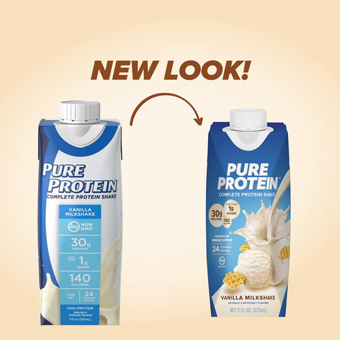 Pure Protein Vanilla Protein Shake, 30g Complete Protein, Vitamins A, C, D, E, and Zinc, 11oz Bottles, 12 Pack