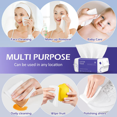 100 Count Disposable Face Towel, Soft Cotton Dry Wipes for Washing, Cleansing, and Makeup Removal