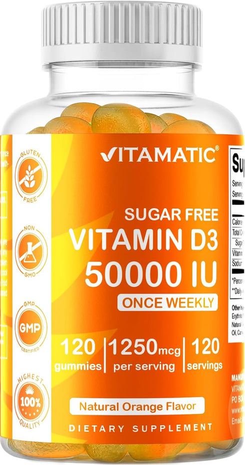 Vitamatic Sugar Free Vitamin D3 50,000 IU Weekly Supplement - 120 Pectin Based Gummies for Bones, Teeth, and Immune