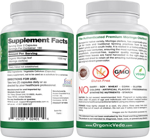 Organic Veda Moringa Leaf Powder Capsules, 1000mg, 360 Count - Pure Natural Moringa Oleifera Dietary Supplement - Lactation Support, Boost Energy, Promotes Digestion & Immunity - Vegan, Non-GMO