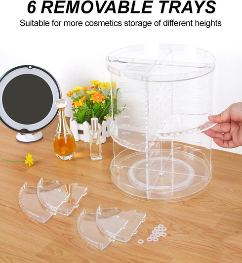 Rotating Makeup Organizer, 360 Spinning Skincare Storage Case with Brush Holder for Vanity Bathroom - Large