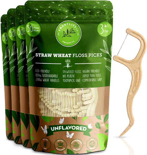 Unflavored Dental Floss Picks, Biodegradable Plastic Free Tooth Flosser for Adults & Kids, Natural Vegan