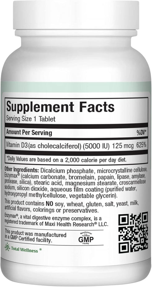 Maxi Health Vitamin D3 5000 IU (125 mcg) - High Dose Vitamin D 5000 IU - Healthy Bones, Teeth, Immune Support - Kosher Pure High Potency Vit D3 (90 Tablets)