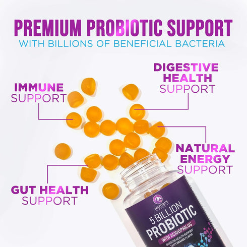 Nature’s Acidophilus Probiotics Gummies, 5 Billion CFU, 6 Strains, Daily Supplement, 120 Gummies, Orange Flavor