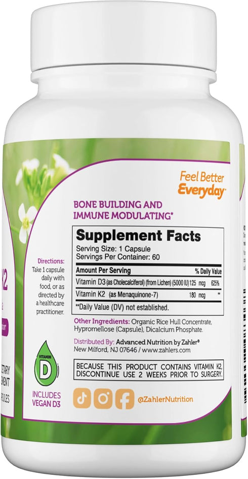 Zahler Vitamin D3 5000 IU K2 - Advanced Vitamin D3 K2 Formula - Bone Density & Calcium Absorption - Kosher Vegetarian MK7 Vitamin K2 D3 Vitamin Supplement - Vit D3 K2, Vitamin D K2 (60 Capsules)