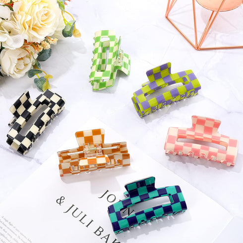 Whaline 6 Pack Checkered Hair Claw Clips - Strong Hold Rectangle Multicolored Plaid Non-Slip Hair Clips
