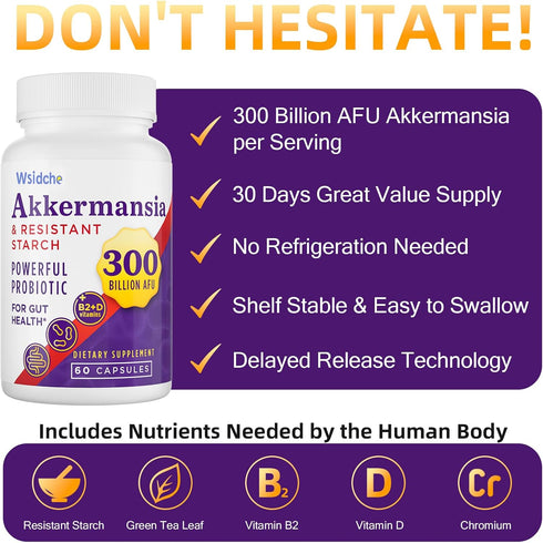 300 Billion AFU Akkermansia Probiotic, GLP-1 Probiotic for Women & Men, Enhances Gut Digestive Lining Function, 60 Caps
