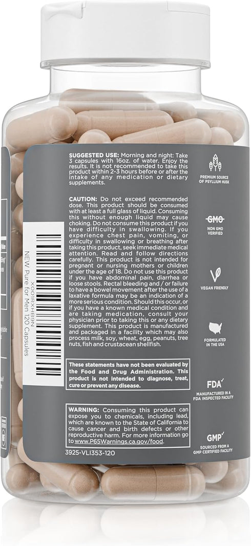 Pure for Men Original Vegan Cleanliness Fiber Supplement | Promotes Digestive Regularity | 120 Vegan Capsules