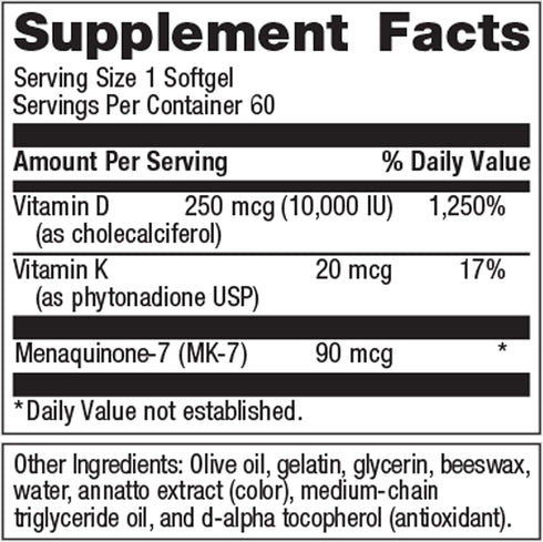 Metagenics Vitamin D3 + K, Immune Support, Bone Health & Heart Health*, Non-GMO, Gluten-Free, 60 Softgels, 5,000 IU