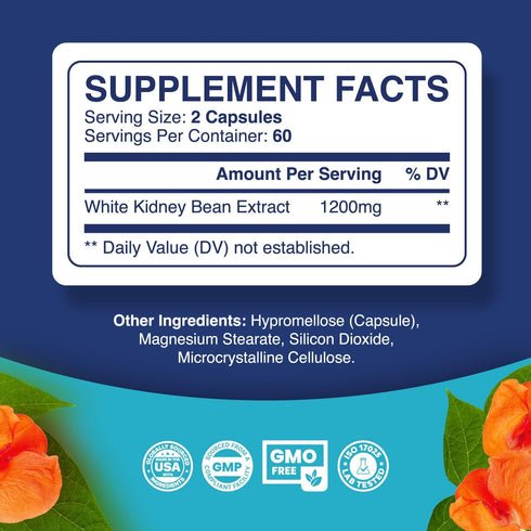 White Kidney Bean Extract Capsules - Ultra High Potency for Enhanced Energy, Digestion, Vegan, Gluten Free