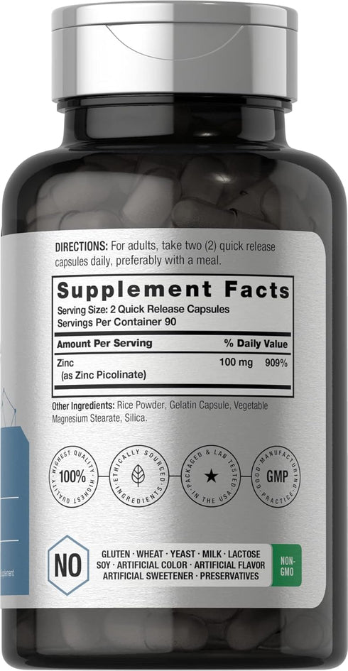 Horbaeach Zinc Picolinate 100mg | 180 Capsules | High Potency | Non-GMO, Gluten Free | Zinc Supplement