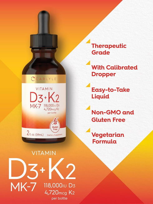 Carlyle Vitamin D3 K2 Liquid | 2 Fl Oz | MK-7 Supplement | Vegetarian, Non-GMO, Gluten Free