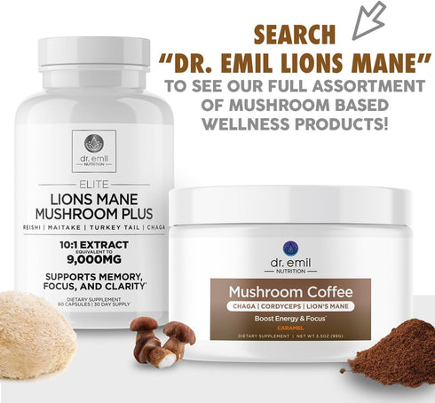 DR. EMIL NUTRITION 9000mg Organic Lions Mane Supplement Capsules with Chaga, Reishi & Maitake Blend