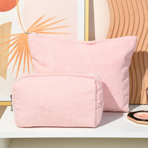 Large Corduroy Pink Makeup Bag, 2 Pieces Canvas Travel Toiletry Organizer, Cute Aesthetic Storage Bag for Women