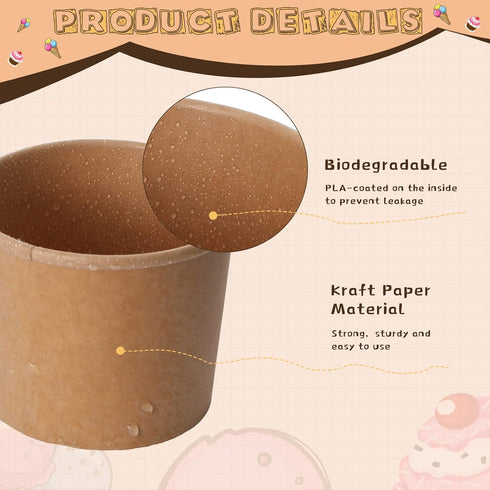 100 Pieces Ice Cream Cups - Paper Disposable Sundae Bowls, Kraft Paper Hot Cold Soup Snack Yogurt Dessert Small Cups