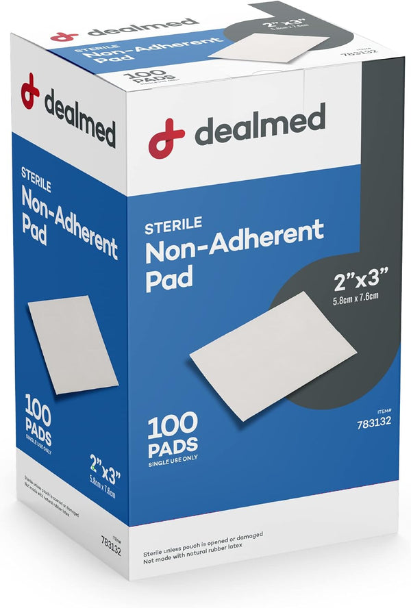 Dealmed Sterile Non-Adherent Gauze Pads 2" x 3", Non-Adhesive Wound Dressing, Box of 100, Highly Absorbent