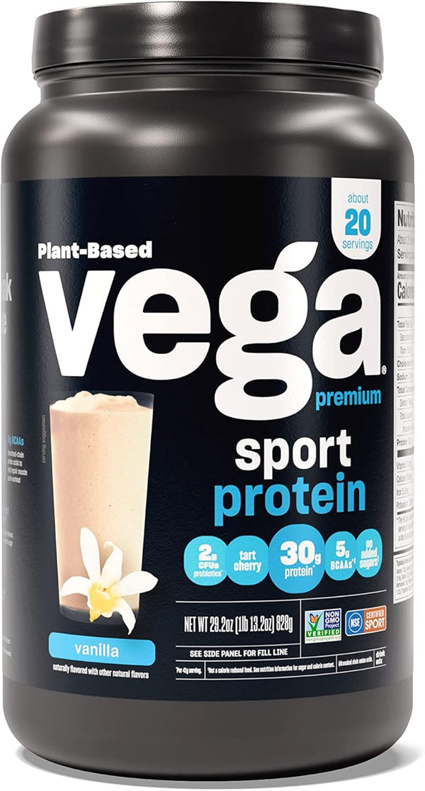 Vega Premium Sport Protein Powder, Vanilla, Vegan, Non-GMO, Gluten-Free, NSF Certified for Sport, 29.2 oz