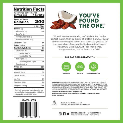 ONE Protein Bars, Almond Bliss - Gluten Free with 20g Protein, 1g Sugar, 2.12 oz (12 Pack)