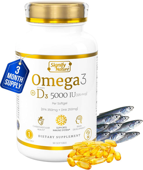 Omega 3 Fish Oil Supplement with Vitamin D3 5000 IU - 1000mg Triglyceride Capsules for Brain Health - VIT D3 & Omega 3
