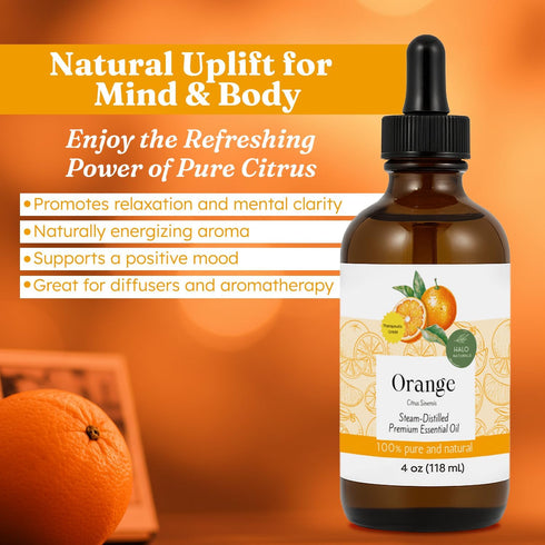 Halo Naturals 4oz Steam Distilled Orange Essential Oil - Premium Hair Growth Oil for Scalp Stimulation & Refreshing