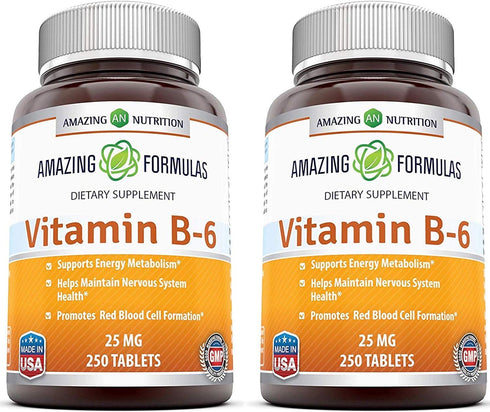 Amazing Formulas Vitamin B6 Pyridoxine 25mg, 250 Tablets Supplement, Non-GMO, Gluten Free, Made in USA (2 Pack)