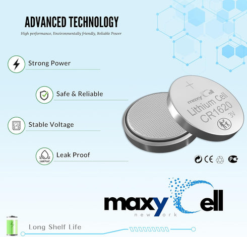 MaxyCell CR1620 3V DL1620 ECR1620 (6 Pack) Lithium Coin Cell Battery High-Capacity Long-Lasting Reliable Power