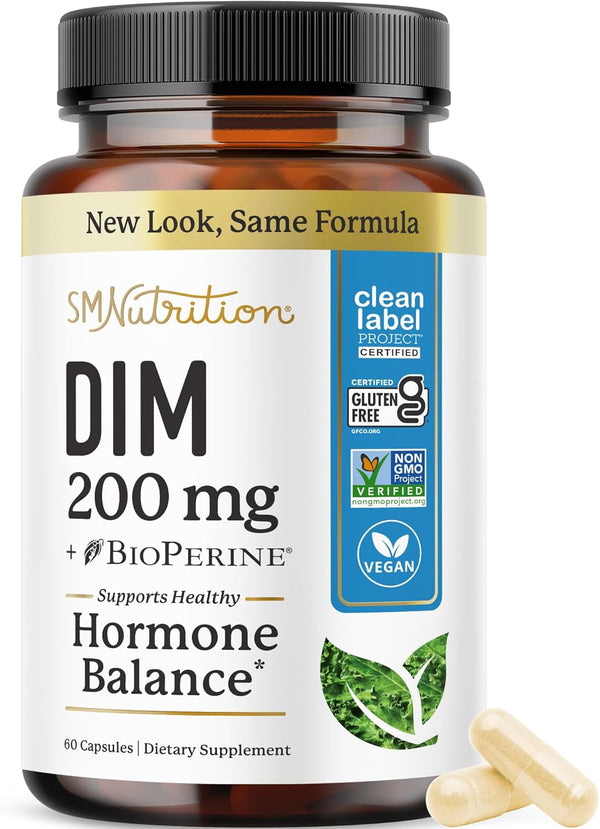 DIM Supplement 200 mg | Estrogen Balance for Women & Men | Hormonal Acne, Menopause & Antioxidant Support | 60 Ct.