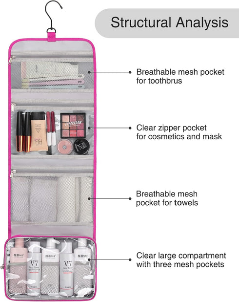 Relavel Hanging Travel Toiletry Bag for Women, Large Capacity Waterproof Organizer for Makeup and Accessories (Hot Pink)