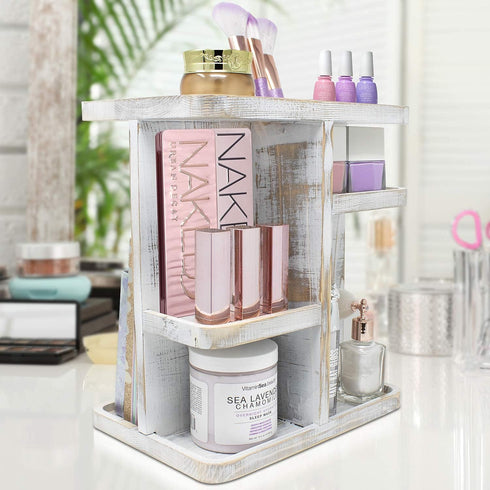 Sorbus 360° Makeup Organizer, Grey Rustic Wood Storage Carousel for Cosmetics, Rotating Makeup Organizer for Vanity