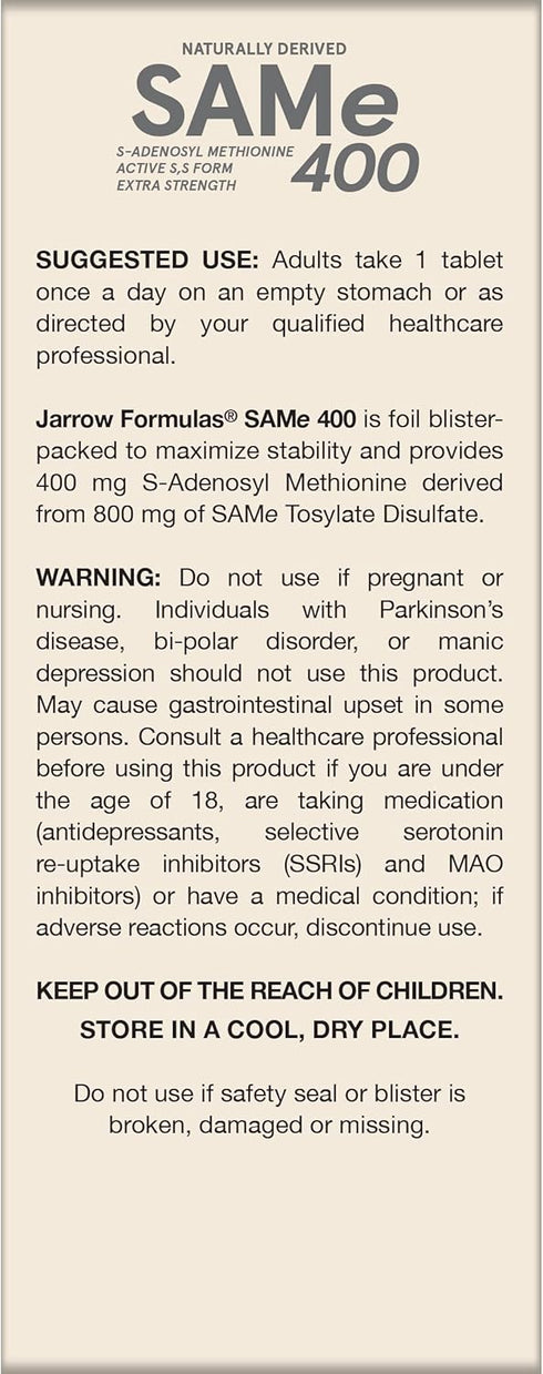 Jarrow Formulas SAMe 400 mg, Supports Joint Health, Liver Function, Brain Metabolism, 60 Tablets