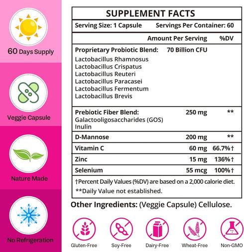 Vaginal Probiotics, 70 Billion CFU Probiotics for Women, & prebiotic & D-Mannose, 13-in-1 Womens Probiotic for Vaginal, Urinary, pH Balance, Immune & Digestive, Bloating Health - 2 Months Supply
