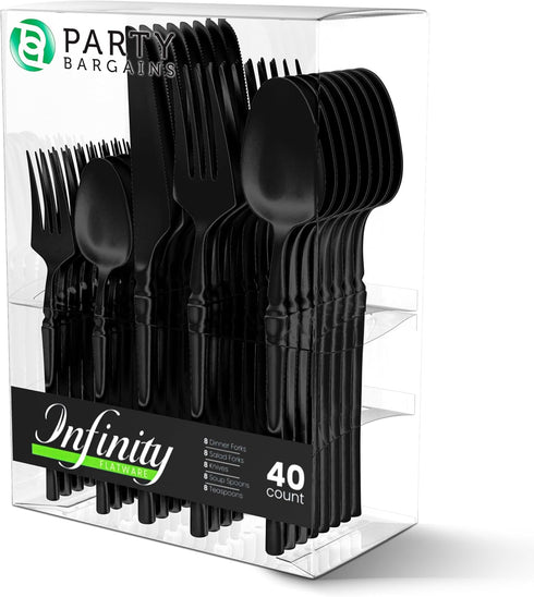 Party Bargains Disposable Plastic Black Cutlery Set, 40 Pack: 16 Forks, 8 Knives, 16 Spoons