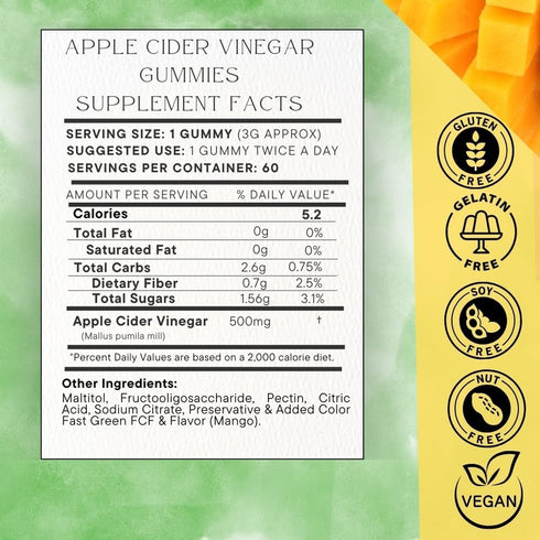 Gummy 500 60 Count SOHM Apple Cider Vinegar mg - Individually Wrapped Extra Strength - Mango Flavour-Gelatin-Free