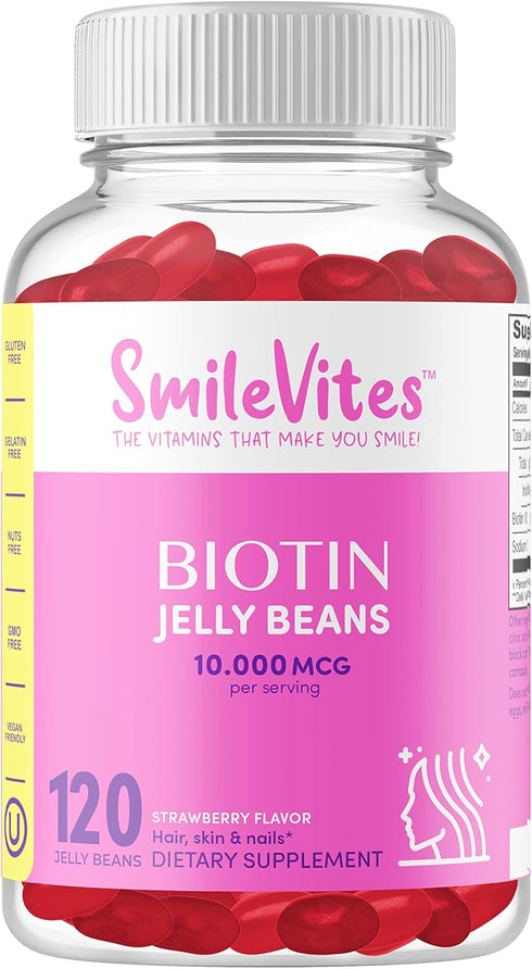 SmileVites Biotin 10,000 MGC Hair, Skin, and Nails Supplement, Strawberry Flavored Jelly Beans, 120 Count