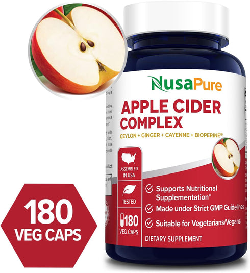 NusaPure Apple Cider Vinegar Complex 1500 mg, 180 Veg Caps, Suitable for Vegetarians and Vegans