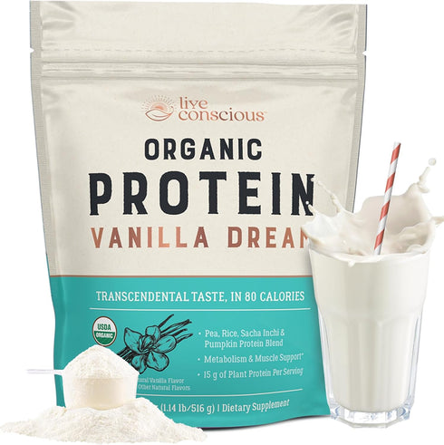 Live Conscious Organic Pea Protein Powder - Vanilla Dream Flavor - 20 Servings, Plant-Based Vegan Protein Blend