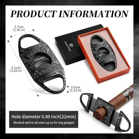 CIGARLOONG Black Engraved Stainless Steel Cigar Cutter with Double Blades