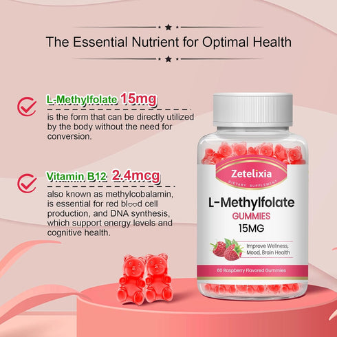 2 Pack L-Methylfolate 15mg Gummies, Non-GMO, Vegan Folate & Vitamin B12 Supplement for Brain & Mood Support, 120 Count
