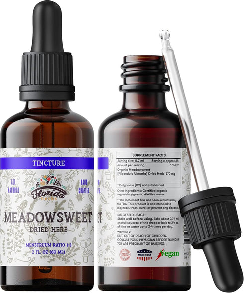 Organic Meadowsweet Tincture Extract, Dried Herb Supplement in Cold-Pressed Vegetable Glycerin