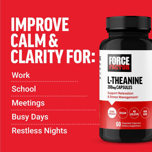 FORCE FACTOR L Theanine, Extra Strength 200 mg Capsules, Vegan, Non-GMO, 60 Vegetable Capsules