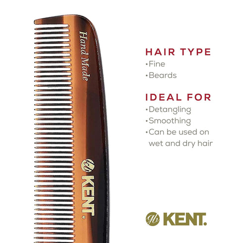 Kent 7T Handmade All Fine Tooth Pocket Comb for Men, Hair Styling, Mustache and Beard, Made in England