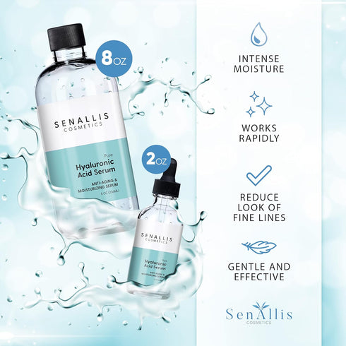 Hyaluronic Acid Serum, 8 fl oz and 2 fl oz, Ultra-Hydrating Moisturizer Made in USA