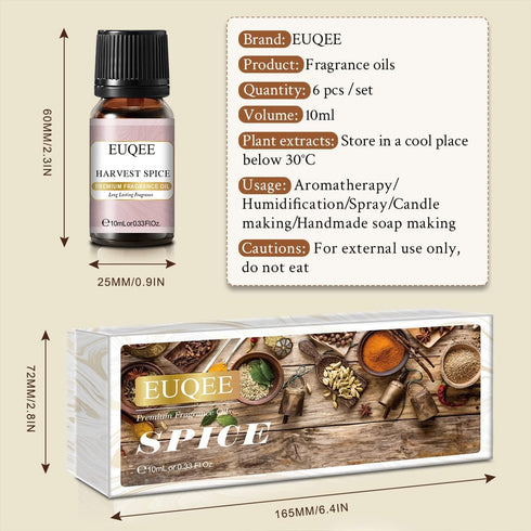 EUQEE 6pcs Premium Fragrance Oils Spice Gift Set - Sandalwood, Harvest Spice, Gingerbread, Pumpkin Pie, 10 ML
