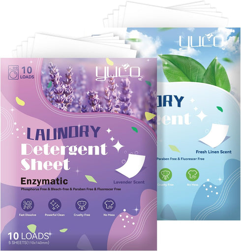 Pack 2 Pack 5 YUCO Travel Laundry Detergent Sheets of Sheet for Overnight Week Travel, Envelope Pouch Carry Everywhere