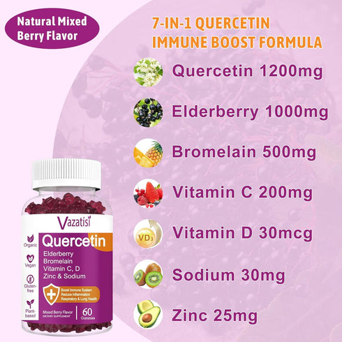 Quercetin Gummies | Organic Supplement with Vitamin C, Zinc, Bromelain & Elderberry for Immune Support
