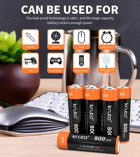 Kruta AA Rechargeable Batteries for Outdoor Solar 12 Pack, NiMH Double A Battery Pre-Charged 1.2V 800mAh Long Lasting Performance for Outdoor Solar Garden Lights Landscaping String Lamps