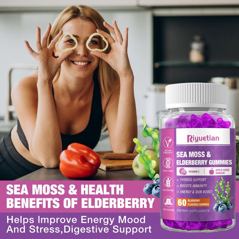 Sea Moss Gummies & Elderberry - Vitamin C + Zinc – Immune & Thyroid Support Gummy Bears for Kids & Adults - 120 Gummies