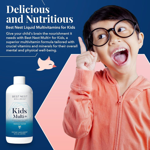 Best Nest Wellness Kids Liquid Multivitamin, Vegan, Gluten-Free, Tropical Flavor, 16oz with Brain Support