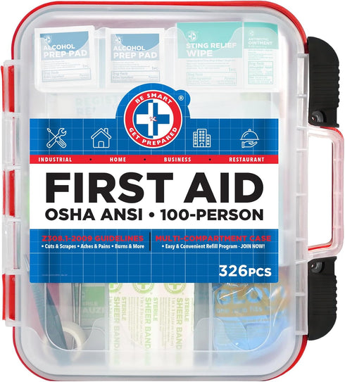 Be Smart Get Prepared First Aid Kit Hard Red Case, 326 Pieces for Office, Home, Car, School, Emergency